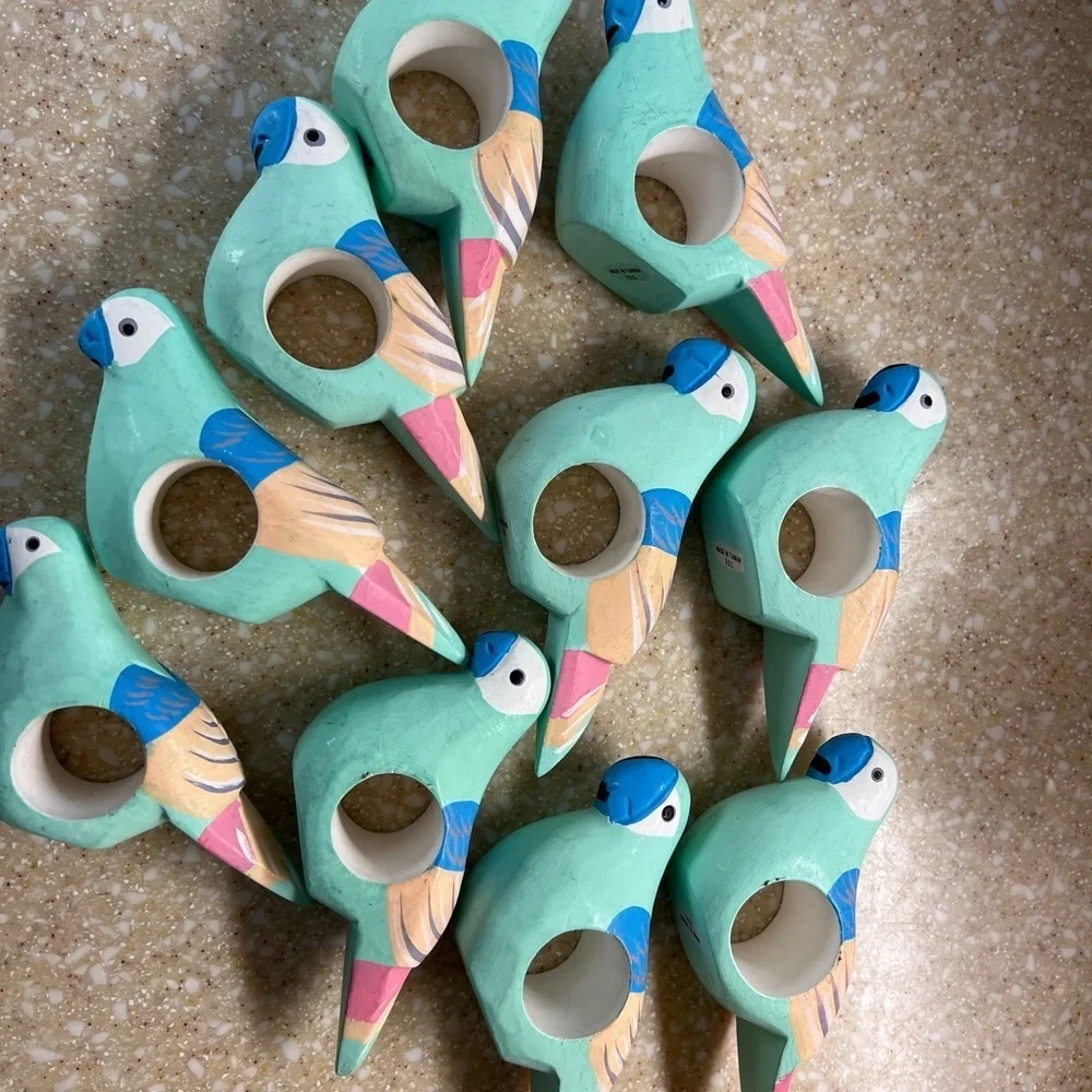 10 Parrot Napkin Ring Holders Wooden Teal, Pink and Blue Tropical